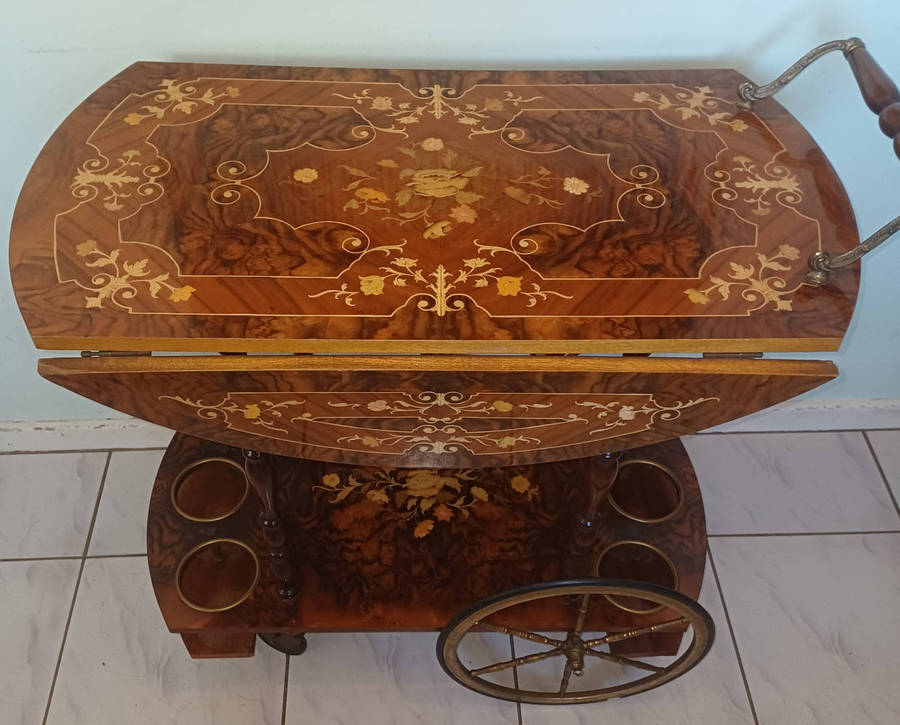 Gorgeous Antique (1880's) Italian Marquetry Tea & Bar Cart.