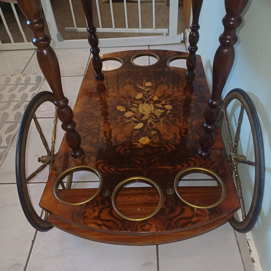 Gorgeous Antique (1880's) Italian Marquetry Tea & Bar Cart.