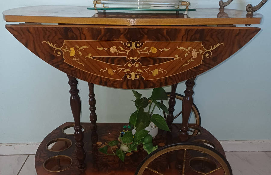 Gorgeous Antique (1880's) Italian Marquetry Tea & Bar Cart.