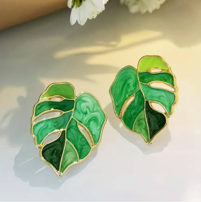 Green Leaf Enamel Stud Earrings, Vintage Bohemian Style,