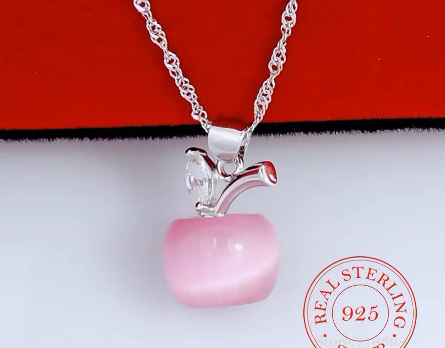 Pink Crystal Apple Elegant  Vintage Link Chain Necklace 925 Sterling Silver