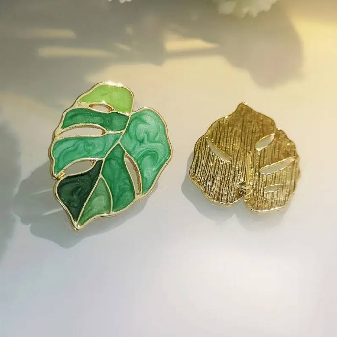Green Leaf Enamel Stud Earrings, Vintage Bohemian Style,