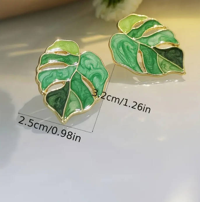 Green Leaf Enamel Stud Earrings, Vintage Bohemian Style,