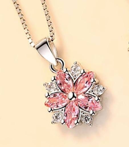 Pink Crystal Flower Pendant  Necklace 925 Sterling Silver