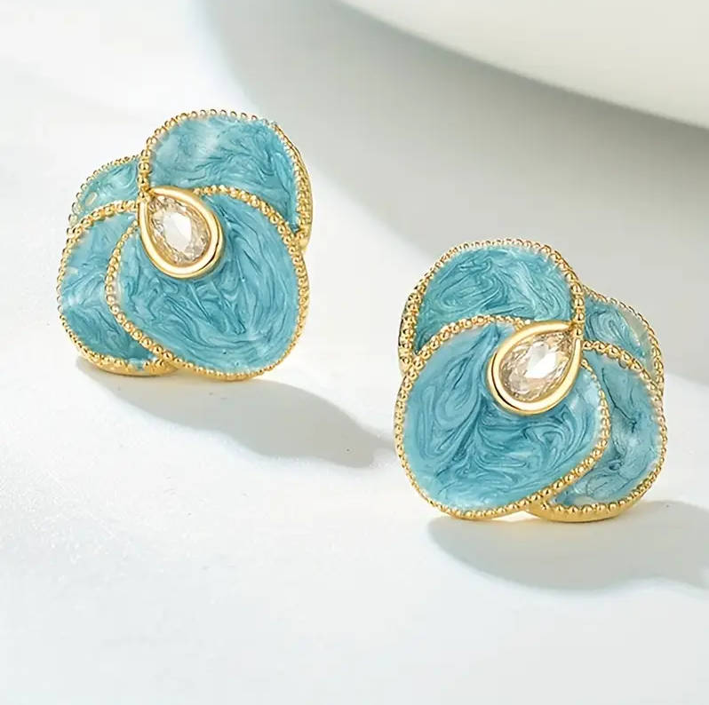 Blue Camellia Flower Drop Earrings
