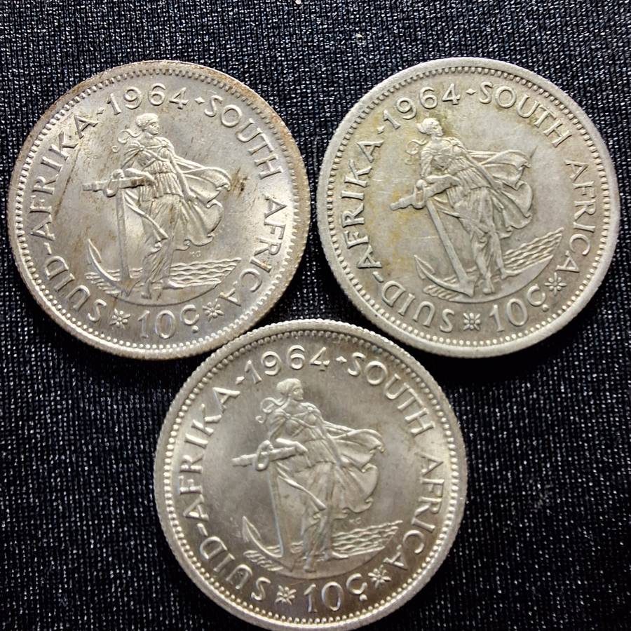 3 x 1964 Silver 10c South Africa Coins