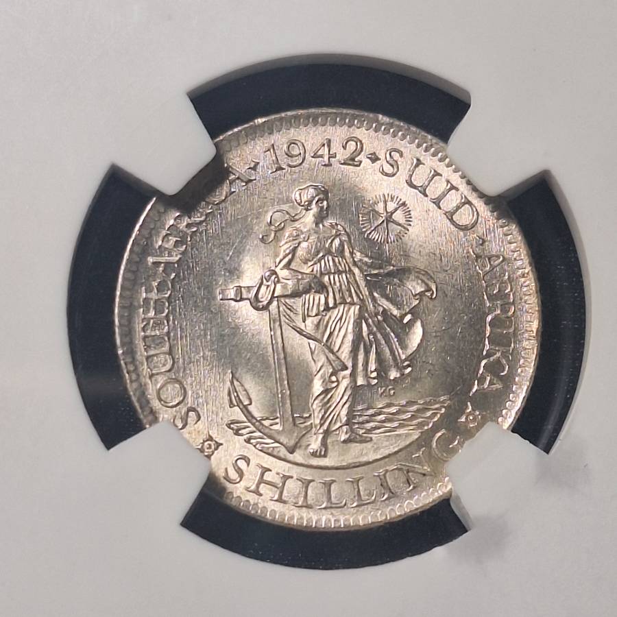 1942 SA 1 Shilling Cracked Die Graded MS63 by SANGS