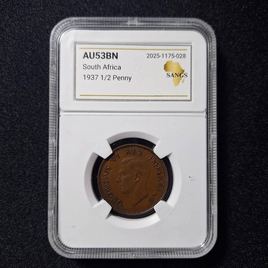 1937 1/2 Penny AU53BN SANGS Graded South Africa Coin