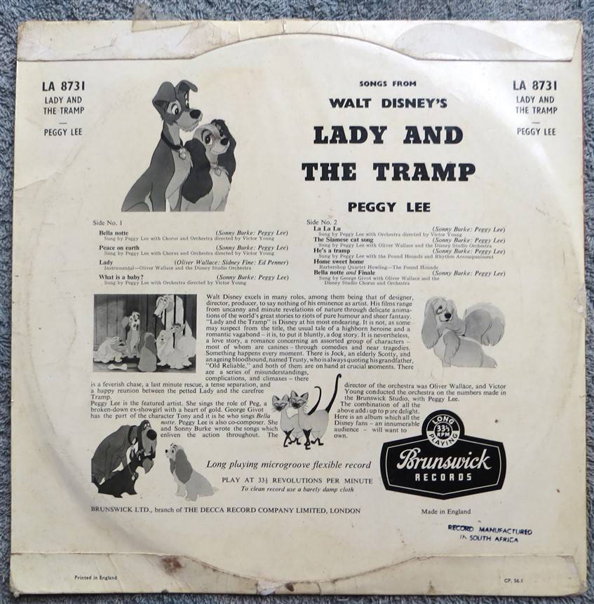 Walt Disney - lady and the Tramp Vintage Vinyl LP - VG
