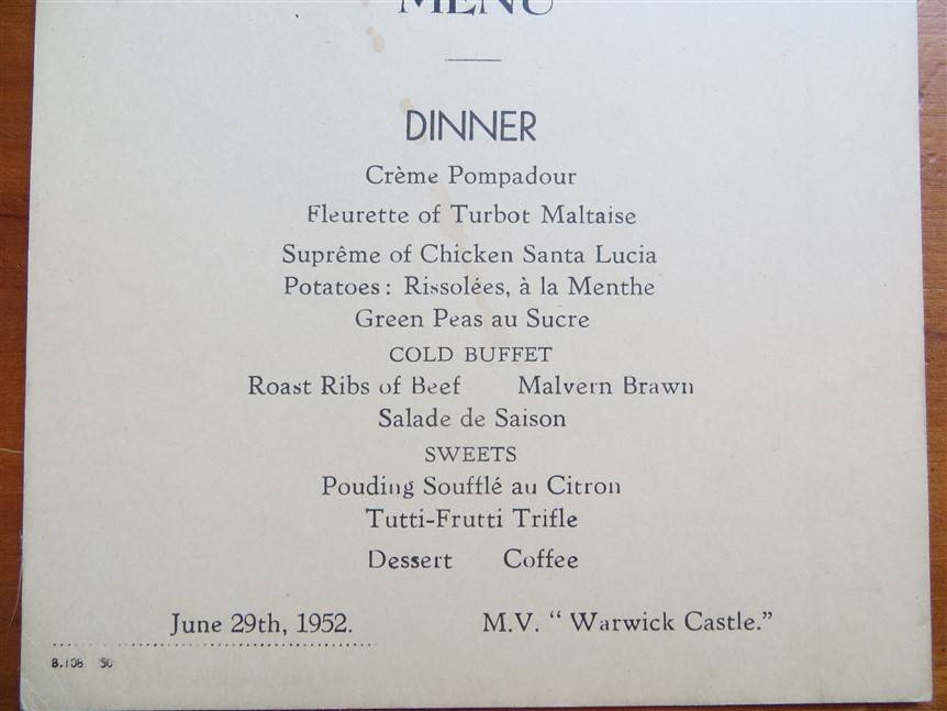 1952 Union Castle Line Menu - Mombasa - Warwick Castle