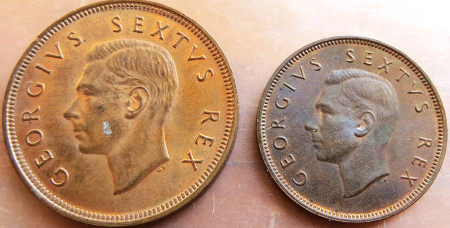 1952 SA Union 1d Penny + Half Penny 1/2d Coins