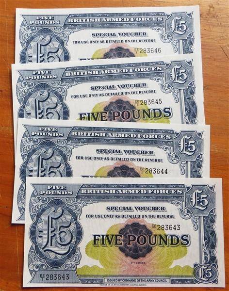 4 x British Armed Forces 5 Pound Notes in sequence  - Bid per Note