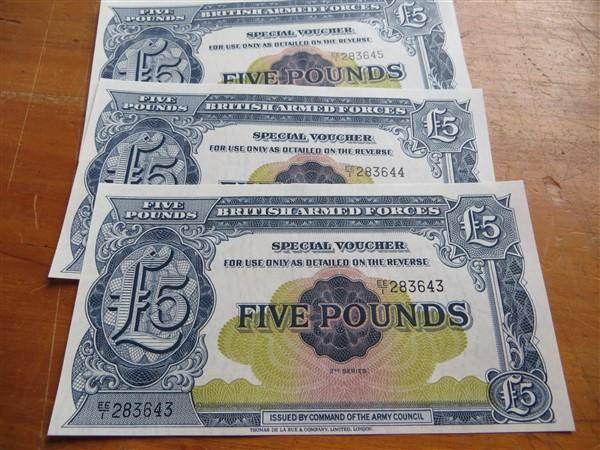 4 x British Armed Forces 5 Pound Notes in sequence  - Bid per Note