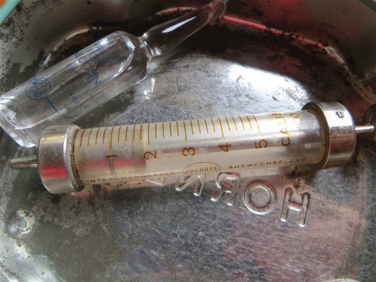 Antique Glass & Metal Syringe in Horner Tin