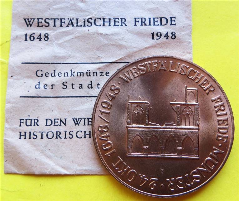 1648 - 1948 German Pax Optima Rerum - Westfalischer Friede Medallion