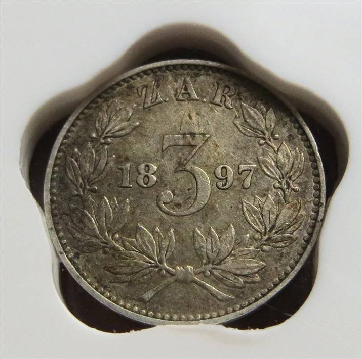 1897 ZAR 3d Three pence Silver Coin VF20 SANGS Graded