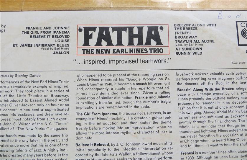 Fatha - The New Earl Hines Trio - Vintage Vinyl LP VG