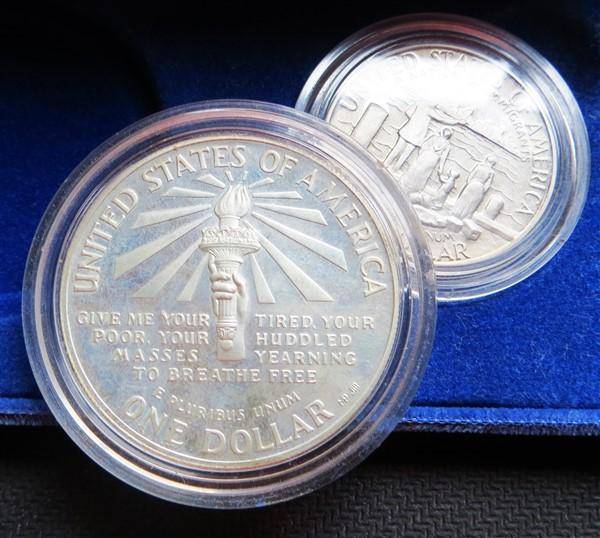 1886 - 1986 USA Liberty Coin Set in Box - Silver $1 + Half Dollar