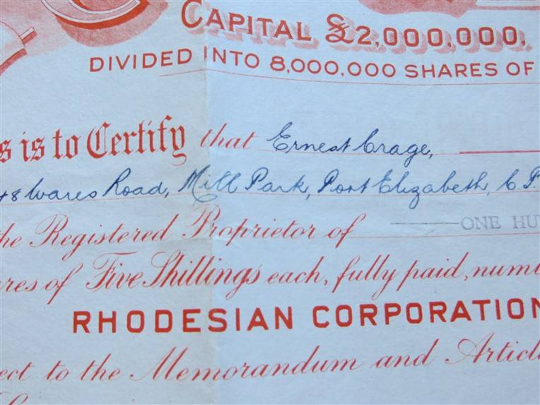 Rhodesian Corporation Limited Share Certificate
