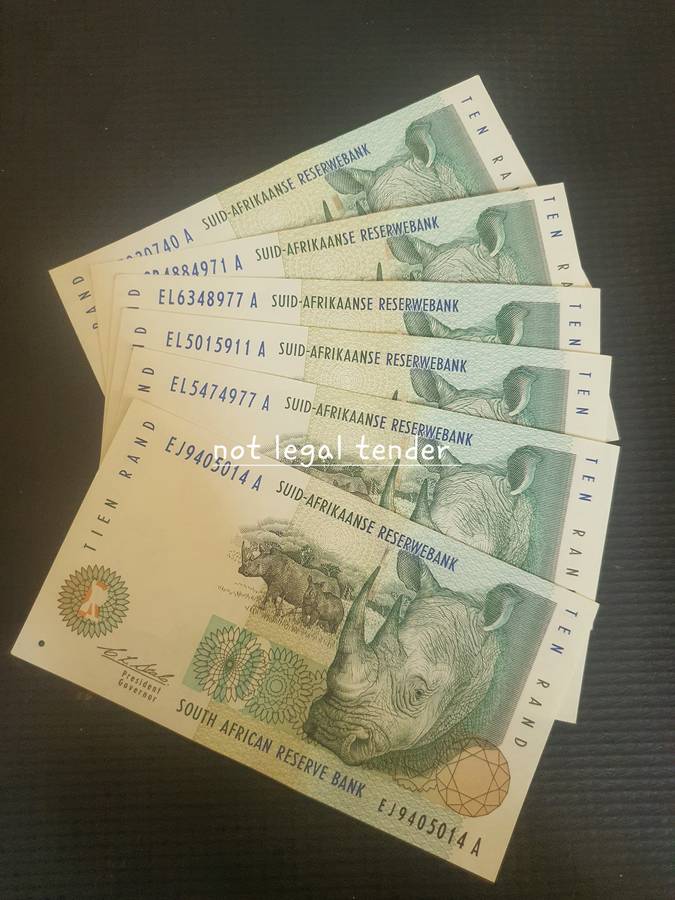 Six 1993 C Stals 2nd Issue Afr/Eng Ten Rand Banknotes (EJ) Buy now per note.