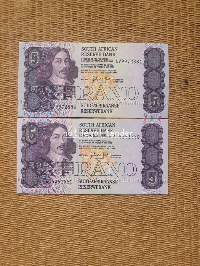 2 Unc 1984 3rd issue Eng/Afr Five Rand Banknotes (AJ/AV)