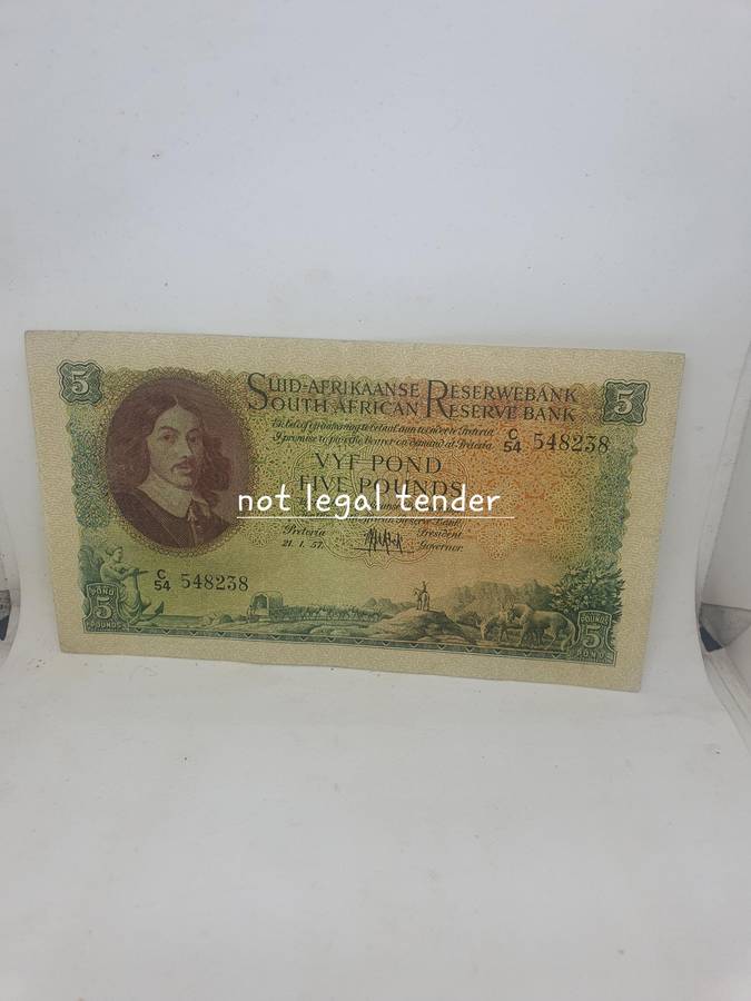 1957 MH de Kock South African 3rd Issue Afr/Eng Five Pound Banknote (C54)