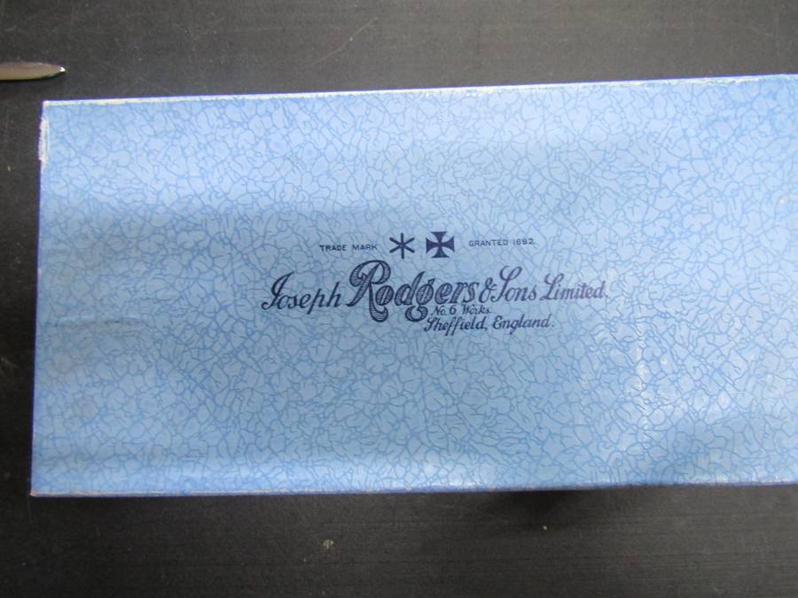 Antique Joseph Rodgers & Sons Set Of Six Dessert Knives With Ivorine Handles. Rare Original Box.