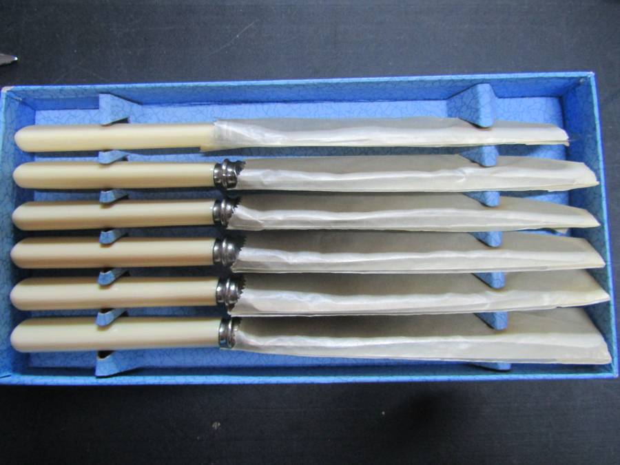 Antique Joseph Rodgers & Sons Set Of Six Dessert Knives With Ivorine Handles. Rare Original Box.