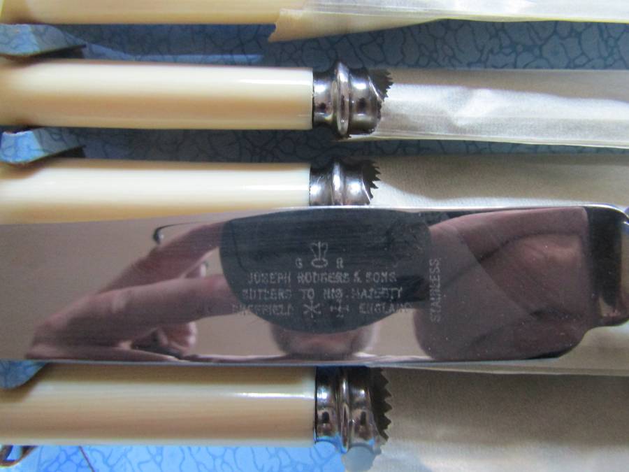 Antique Joseph Rodgers & Sons Set Of Six Dessert Knives With Ivorine Handles. Rare Original Box.