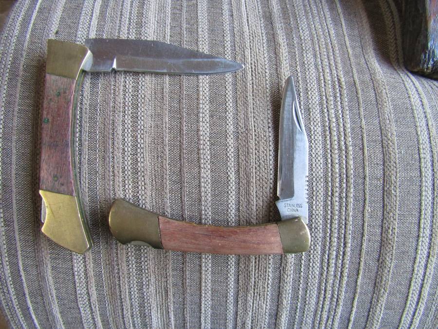 2 Stainless Steel Copper and wood Folding Pocket Knive.  Blade 9cm