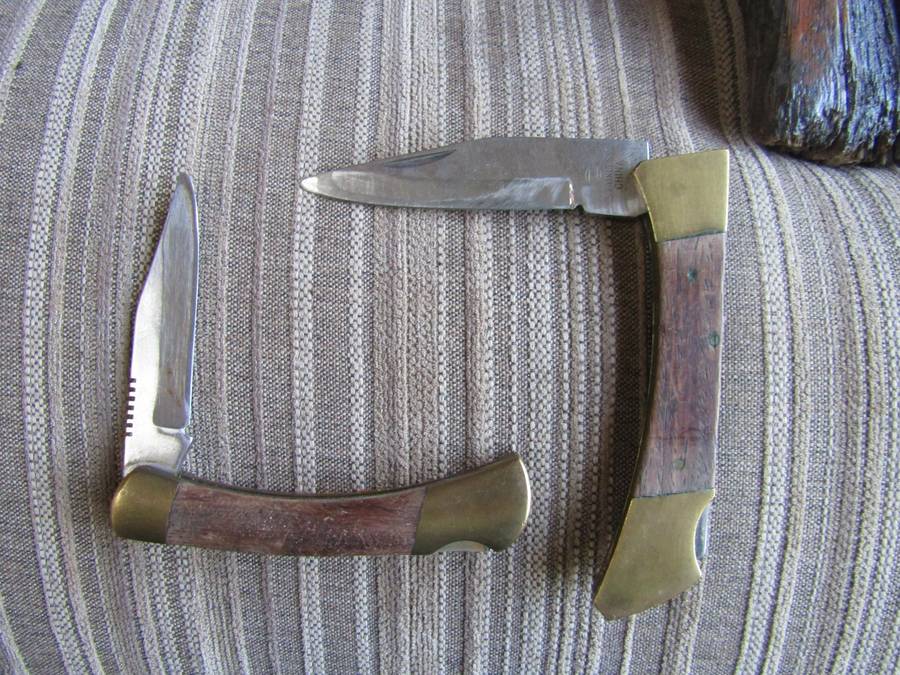 2 Stainless Steel Copper and wood Folding Pocket Knive.  Blade 9cm