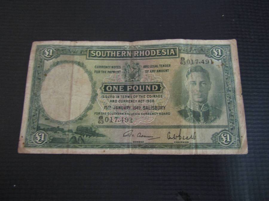 1947 Southern Rhodesian One Pound Banknote Catalogue $450