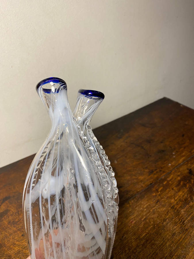 Gemel Double Flask Glass Bottle White & Blue Nailsea Type Antique Blown Glass