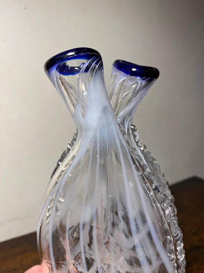Gemel Double Flask Glass Bottle White & Blue Nailsea Type Antique Blown Glass