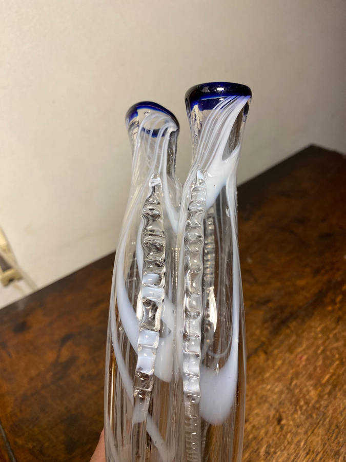 Gemel Double Flask Glass Bottle White & Blue Nailsea Type Antique Blown Glass