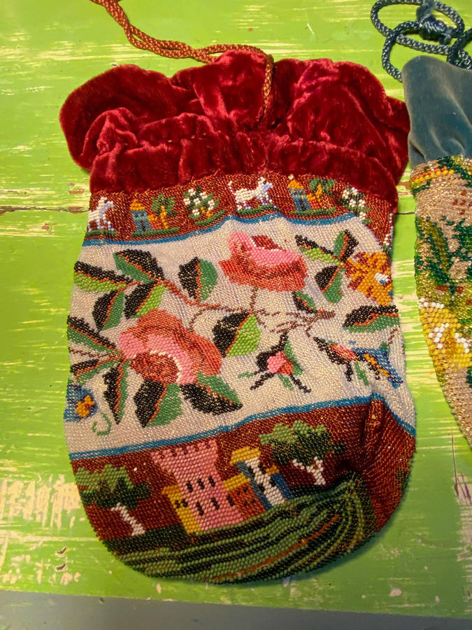 Beautiful antique micro beaded draw string purses 19th Century