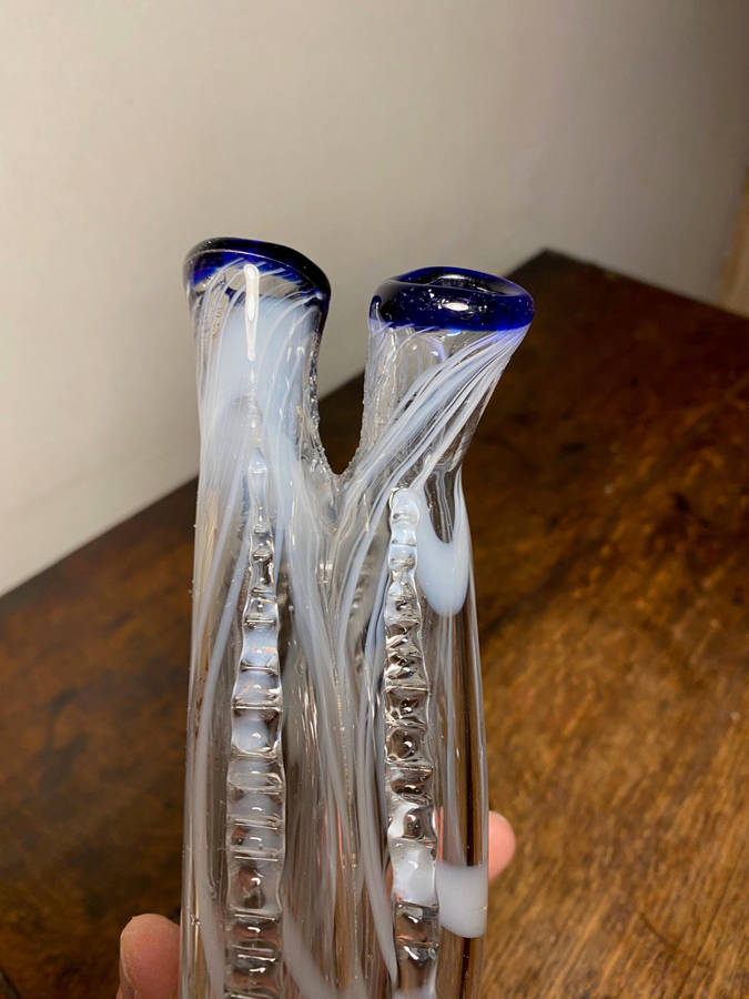 Gemel Double Flask Glass Bottle White & Blue Nailsea Type Antique Blown Glass