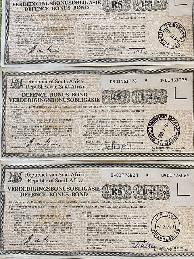 SA DEFENCE FORCE BONDS - R5 x 5 (lot)