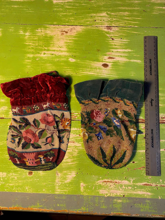 Beautiful antique micro beaded draw string purses 19th Century