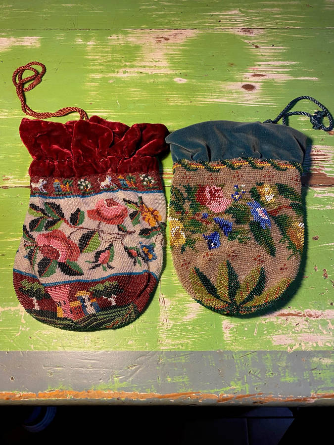 Beautiful antique micro beaded draw string purses 19th Century