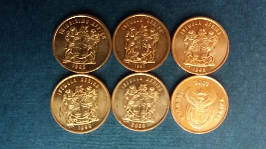 South Africa 1996, 1997, 1998, 1999, 2000 & 2001 1 cent * 6 x coins* Condition AU/UNC