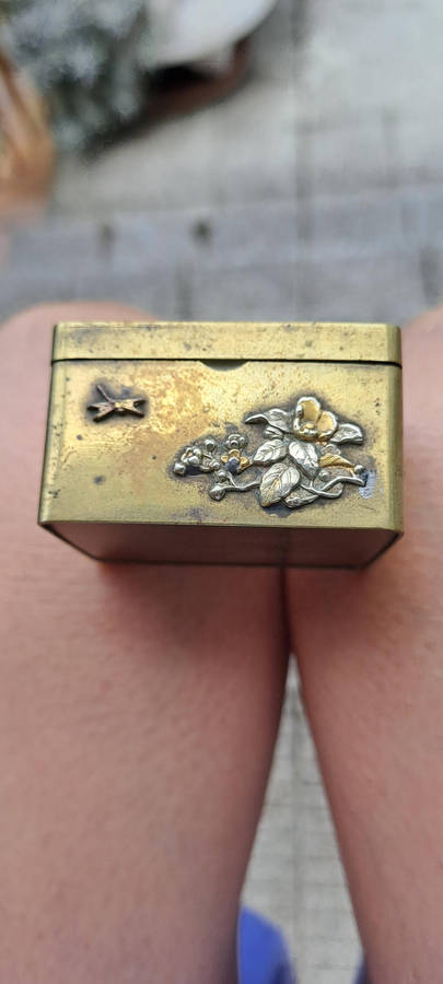 Antique Brass Japanese Snuff/stamp /pill/opium  Meiji Period Relief Decoration silver and gold rare