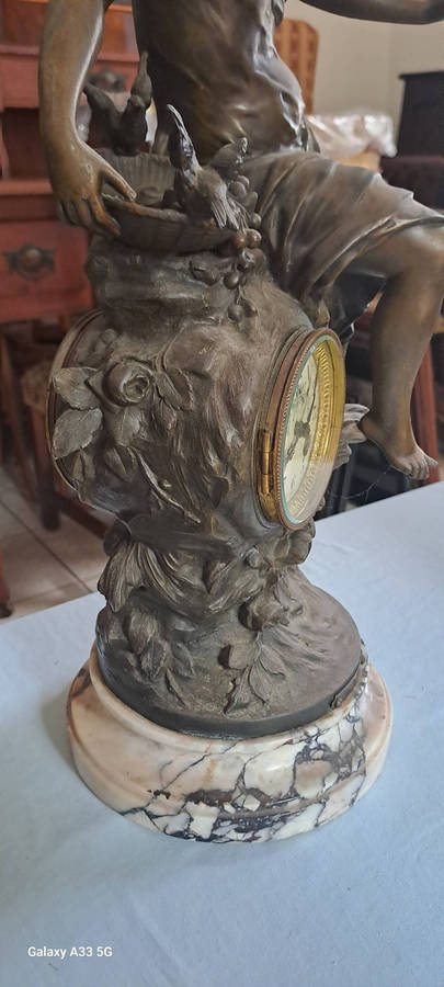 Louis & François Moreau, 'Premier Fruit', patinated spelter clock, H 52 cm