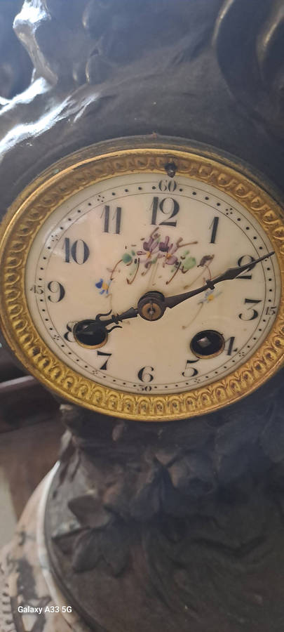 Louis & François Moreau, 'Premier Fruit', patinated spelter clock, H 52 cm