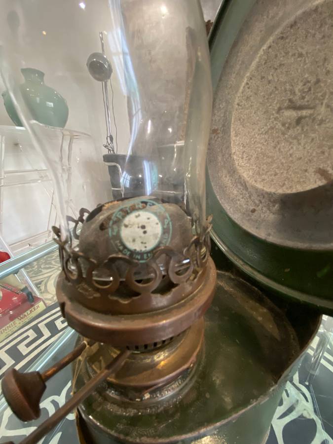 Antique double wick wall lamp by Atlas Company with Pyrex glass