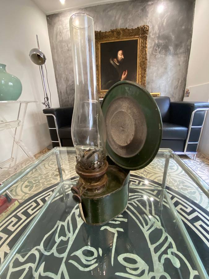 Antique double wick wall lamp by Atlas Company with Pyrex glass