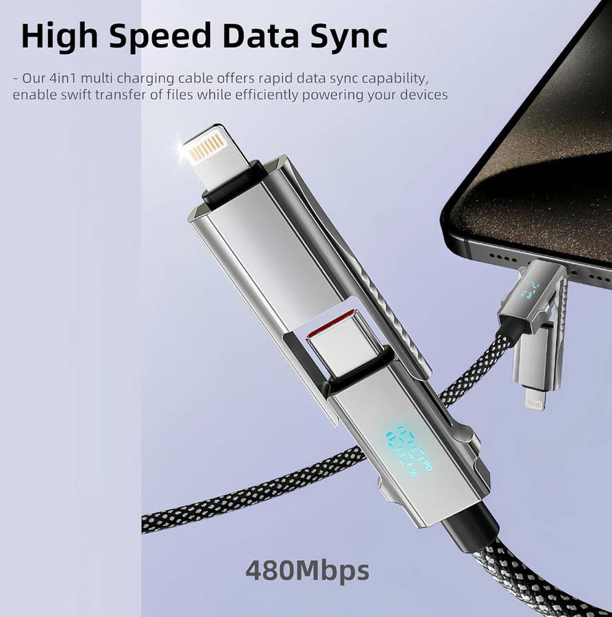 4 in 1  With LED Display Multi Charger Cable, 65W Dual USB C/USB A/Lightning Fast Charging Cable