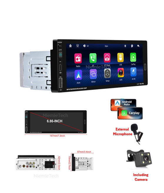 Podofo 6.86 Inch 1Din Car MP5 Player Touch Screen Carplay Android Auto BT/USB FM AUX Rear View Cam
