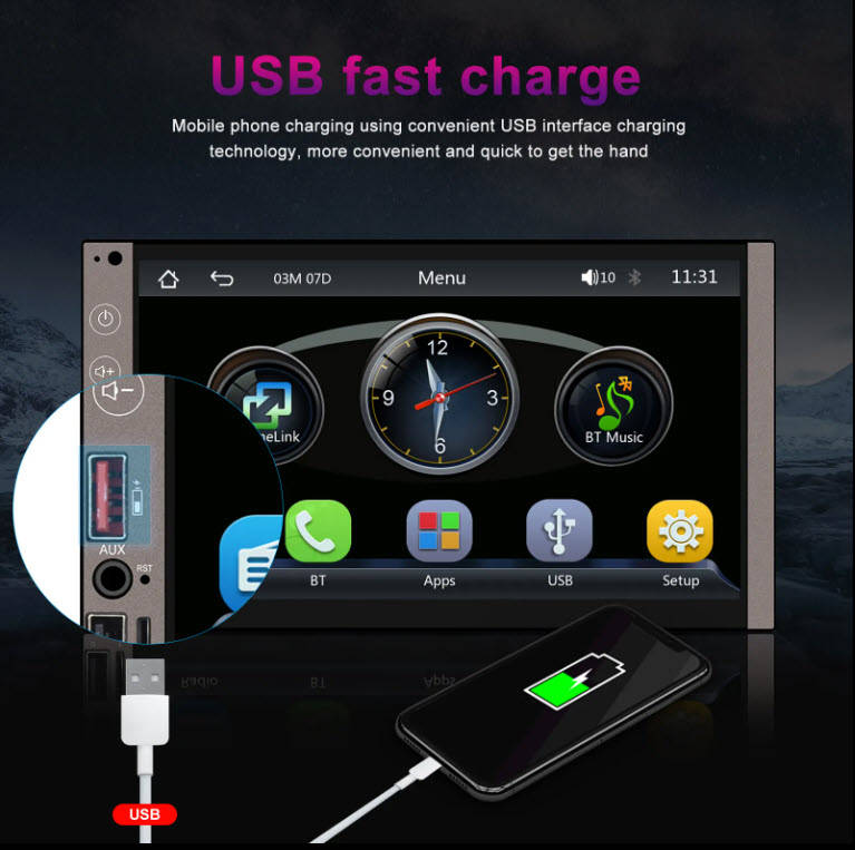 Podofo 7Inch Touch Double Din Wireless Android Auto Carplay Radio BT FM AM USB Type-C & DVR Function