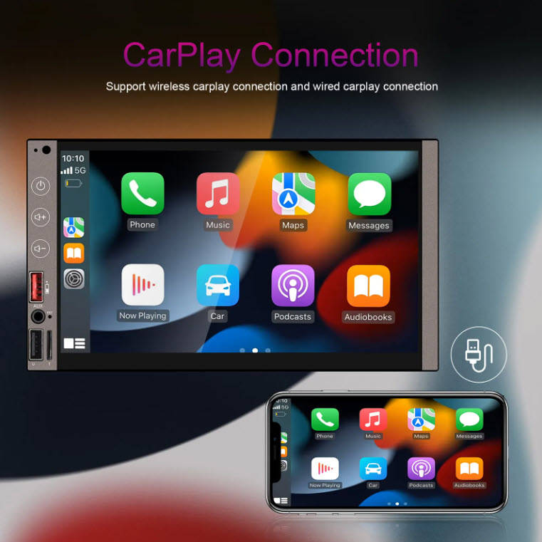 Podofo 7Inch Touch Double Din Wireless Android Auto Carplay Radio BT FM AM USB Type-C & DVR Function